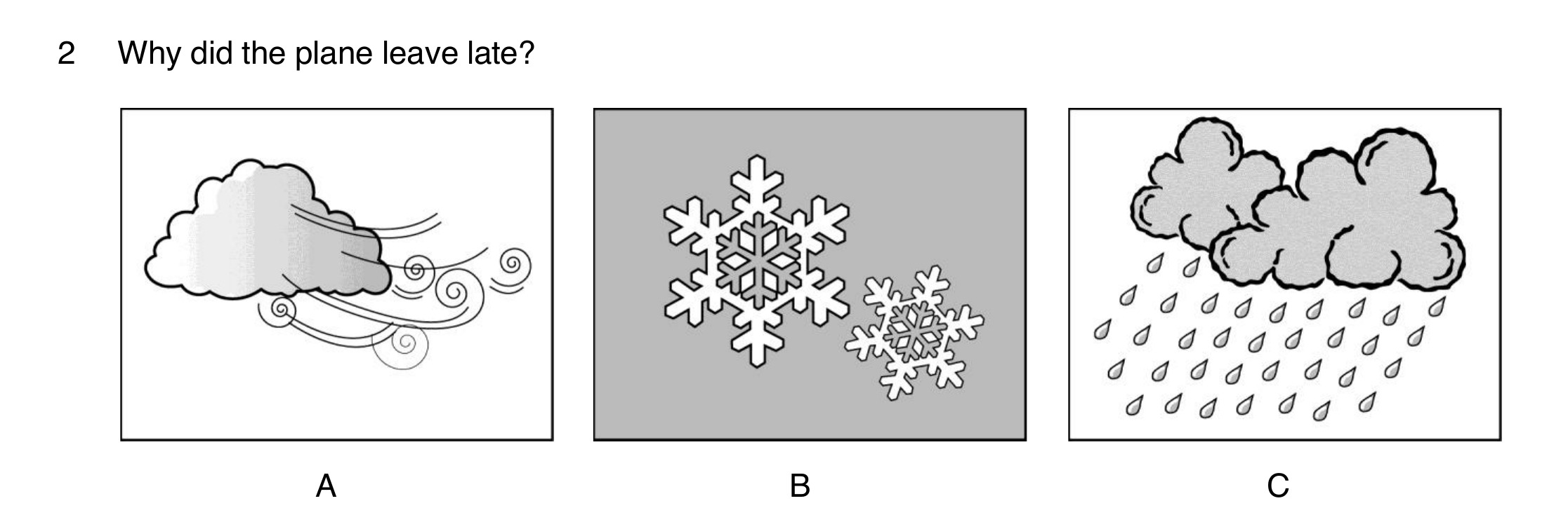 Question 2 of B1 Listening Part 1: why the plane left late