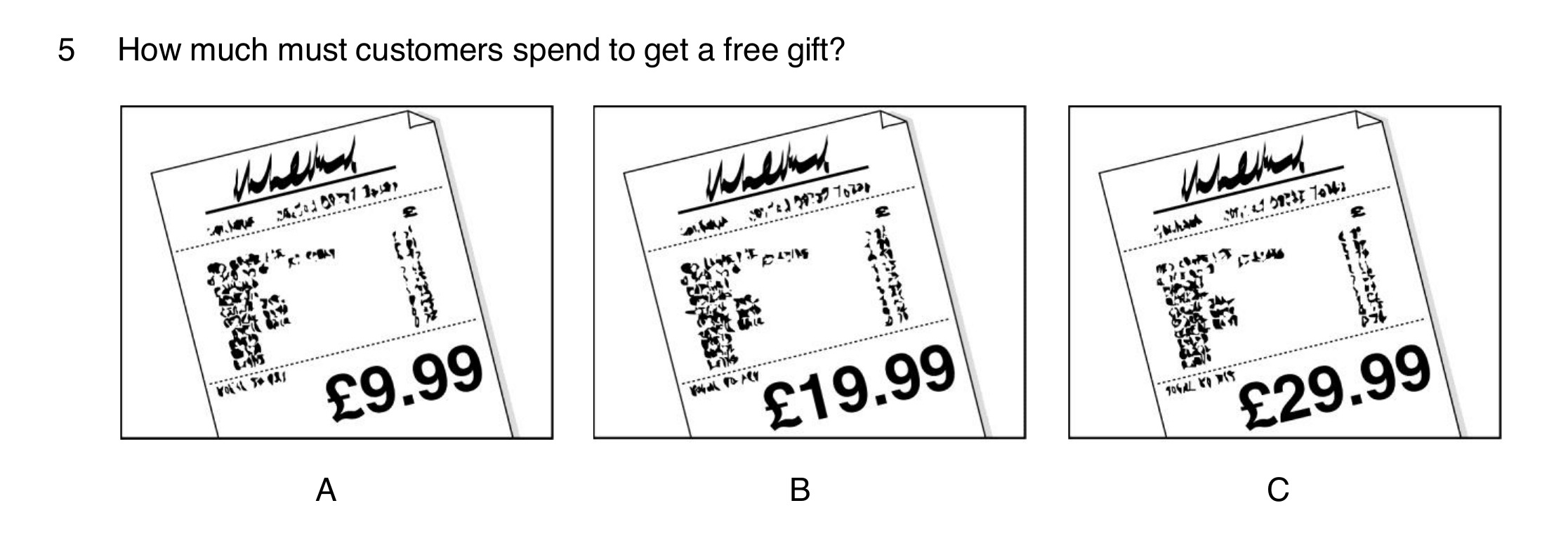 Question 5 of B1 Listening Part 1: how much customers must spend to get a free gift