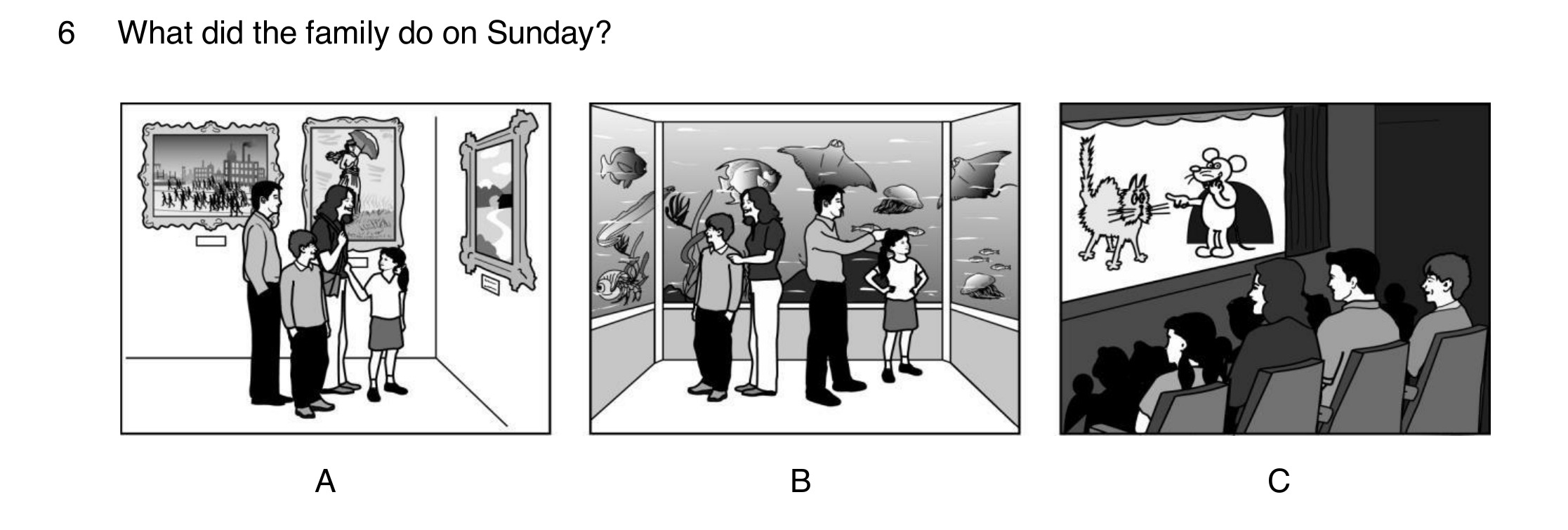 Question 6 of B1 Listening Part 1: what the family did on Sunday