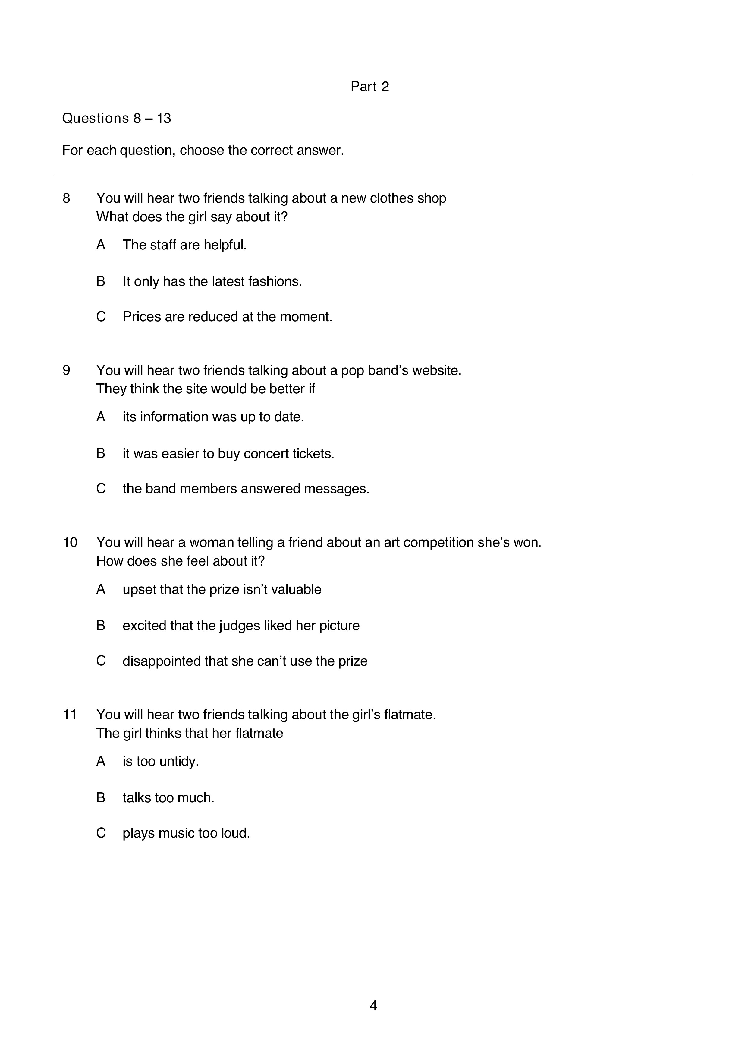 B1 Listening Part 2 example: questions 8 to 11 with three text options