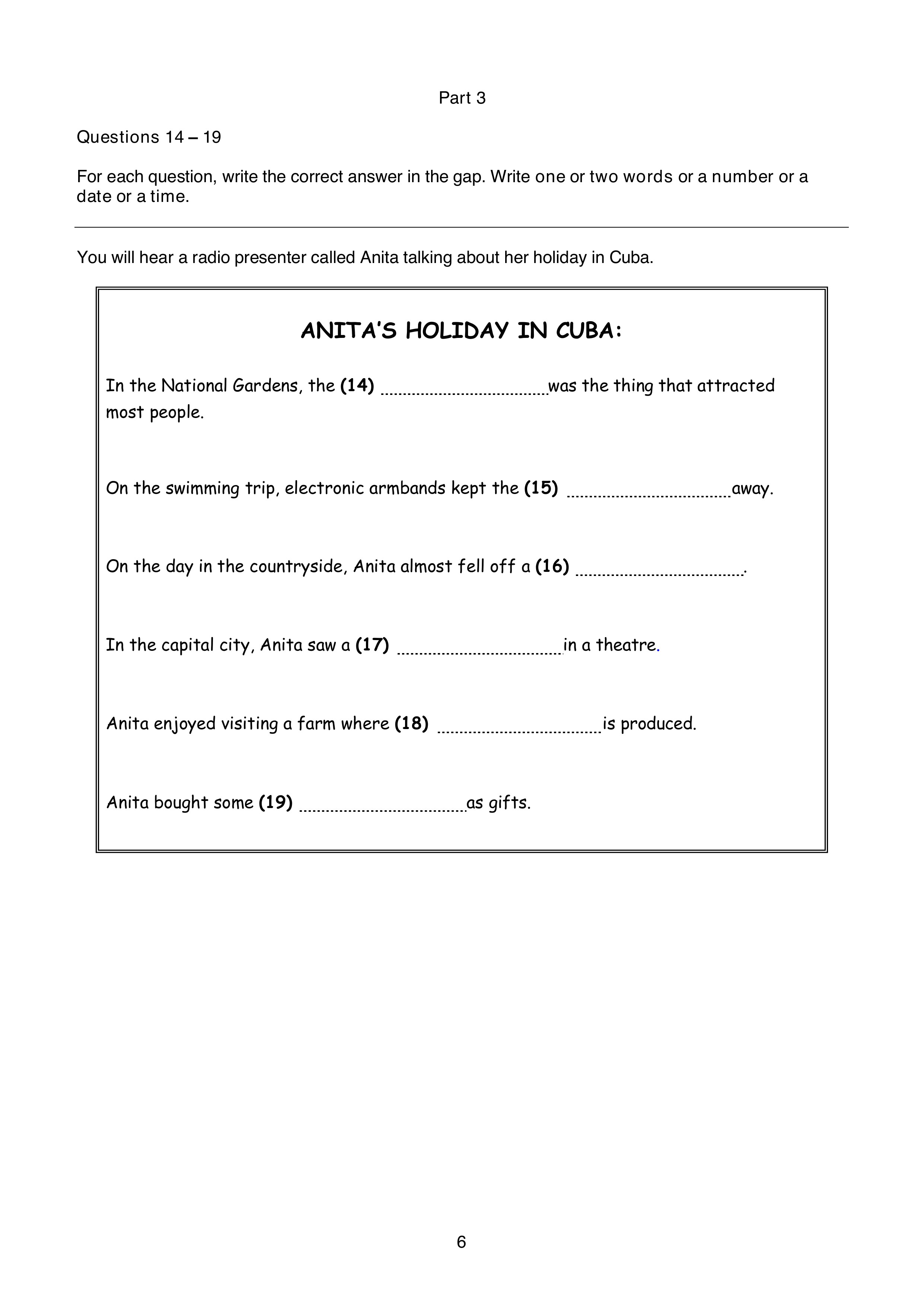 B1 Listening Part 3 example: note-completion sheet about Anita's holiday in Cuba