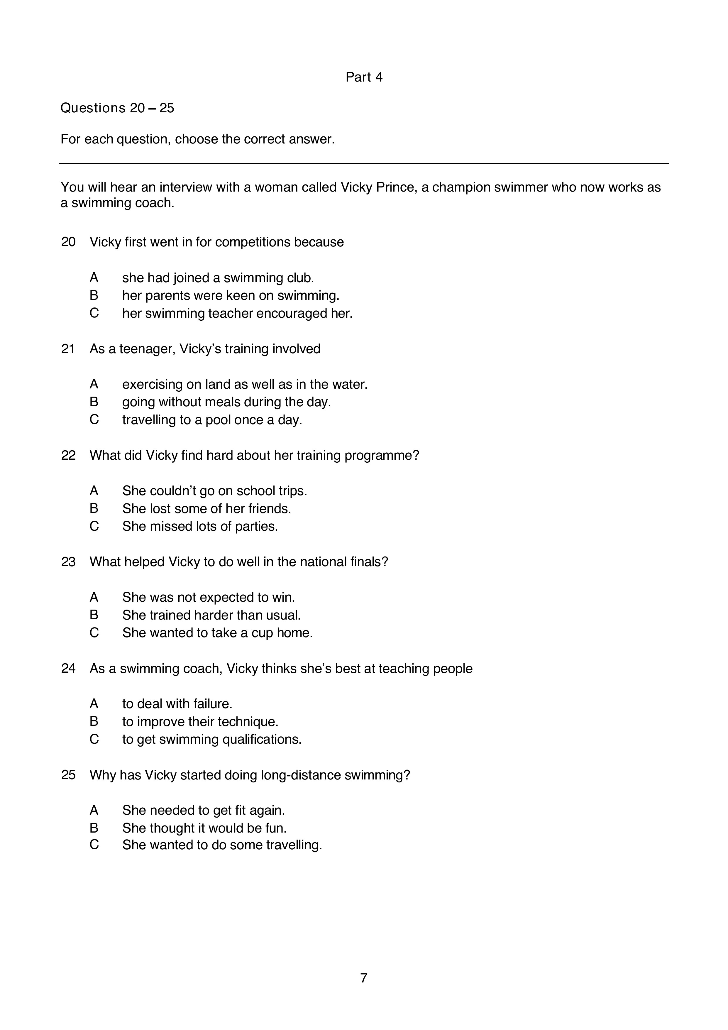 B1 Listening Part 4 example: interview with swimmer Vicky Prince