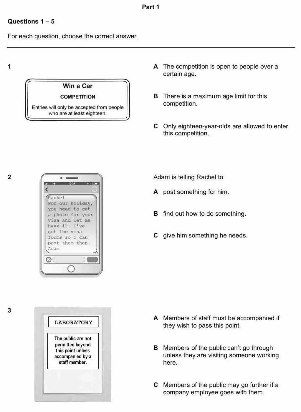 B1 Reading Part 1 example from B1 Preliminary: questions 1 to 3
