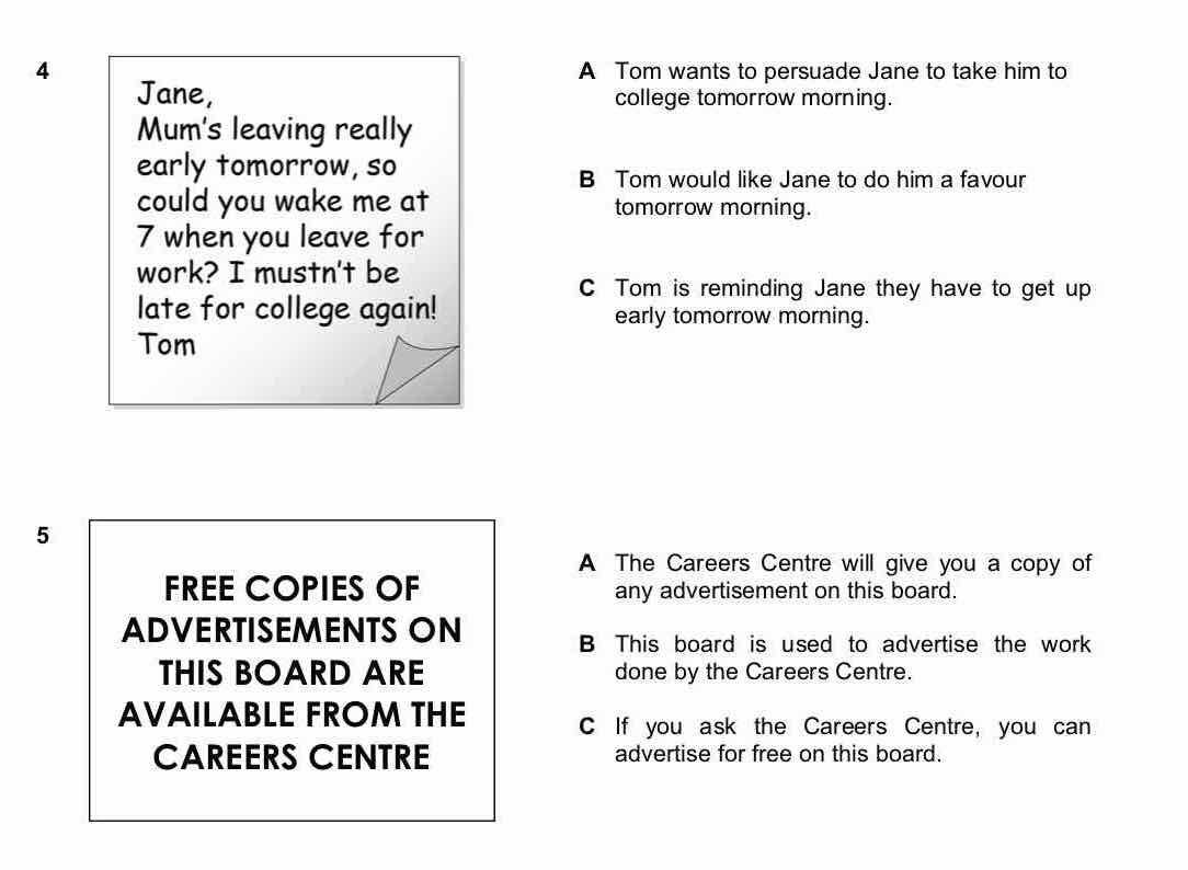 B1 Reading Part 1 example from B1 Preliminary: questions 4 and 5