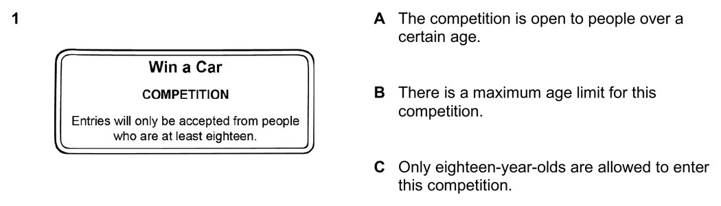 Question 1 of B1 Reading Part 1: a notice about a car competition