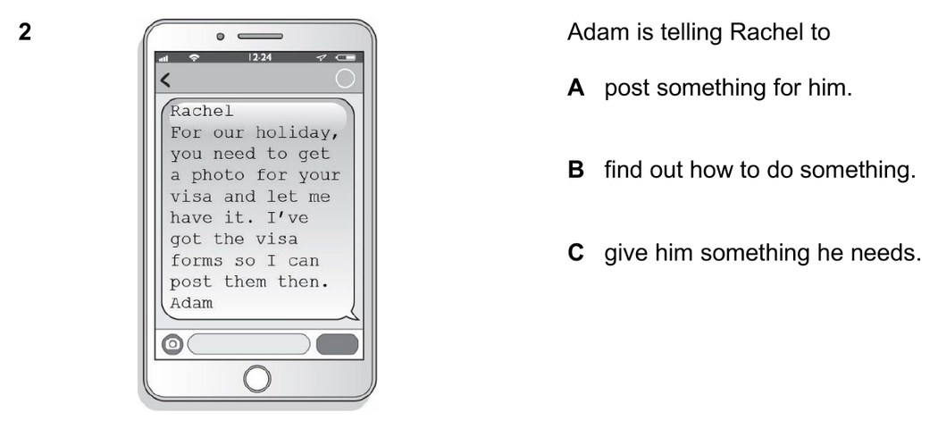 Question 2 of B1 Reading Part 1: a text message from Adam to Rachel