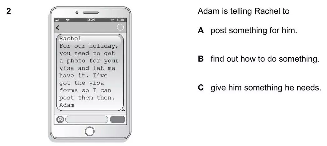 Question 2 of B1 Reading Part 1: a text message from Adam to Rachel