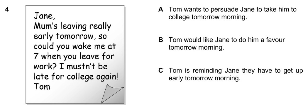 Question 4 of B1 Reading Part 1: a note from Tom to Jane