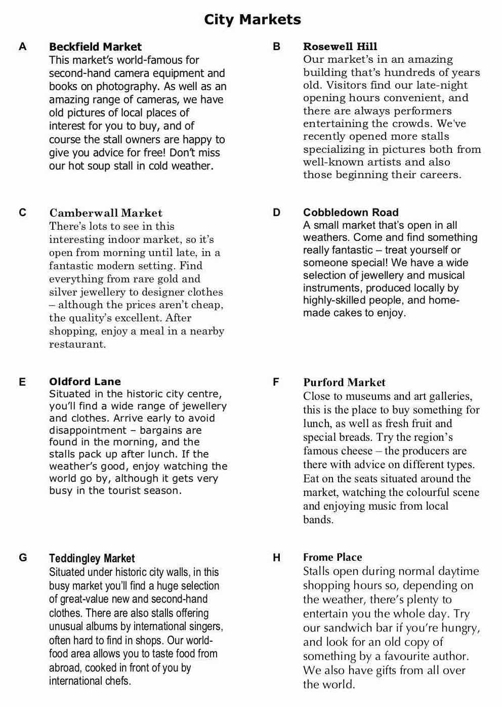 Ejemplo de B1 Reading Part 2 del B1 Preliminary: ocho descripciones de mercadillos