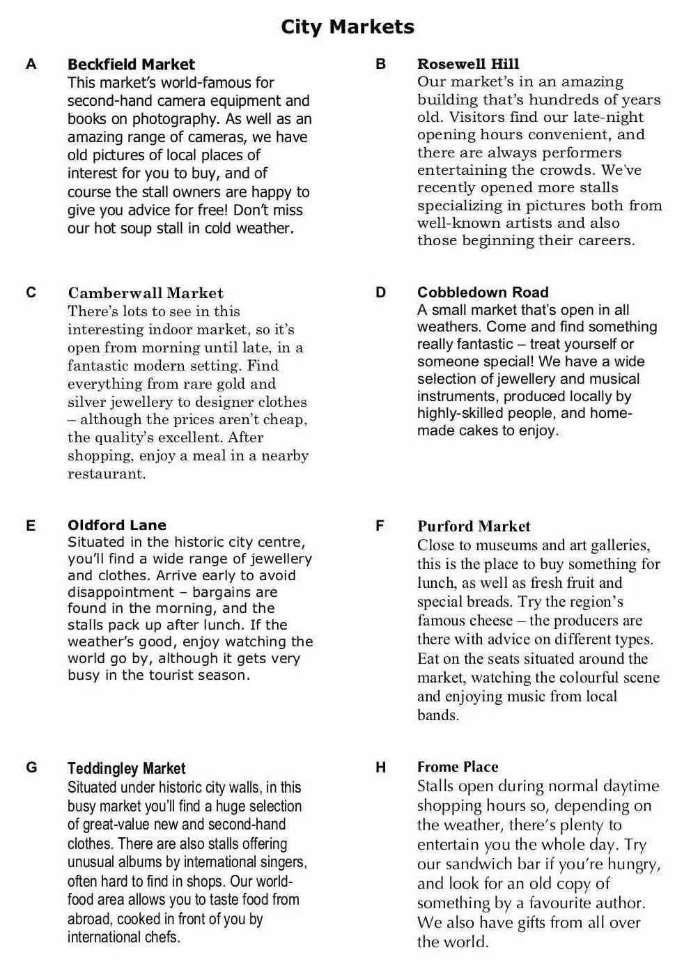 B1 Reading Part 2 example: eight market descriptions
