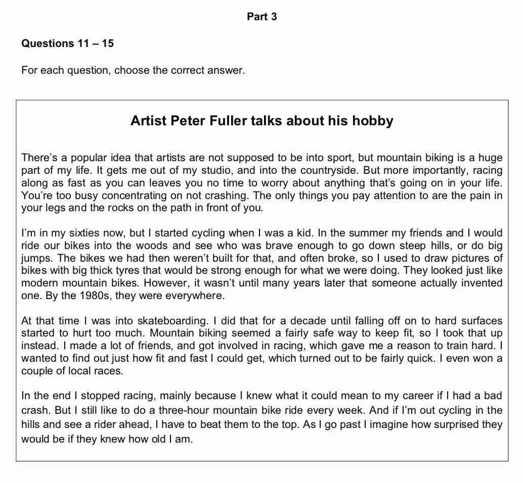 B1 Reading Part 3 example: text about an artist who talks about mountain biking