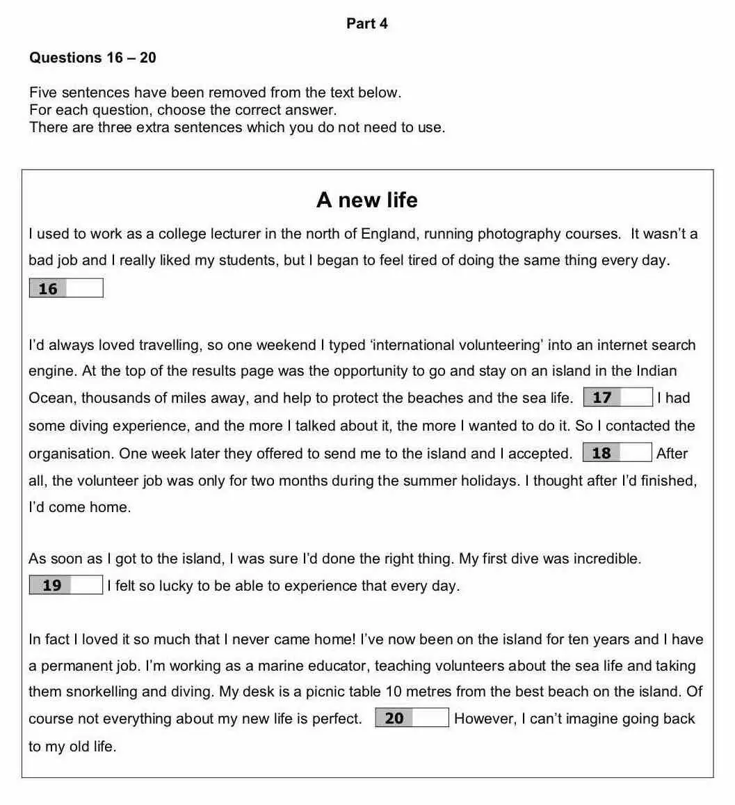 Ejemplo de B1 Reading Part 4 del B1 Preliminary: texto sobre una nueva vida como voluntaria en una isla