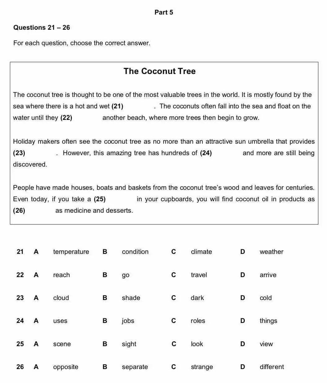Ejemplo de B1 Reading Part 5 del B1 Preliminary: texto sobre el árbol del coco con seis huecos y sus opciones