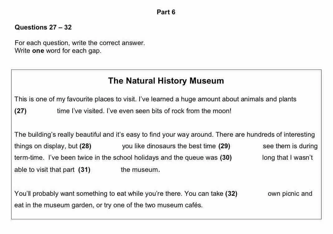 Ejemplo de B1 Reading Part 6 del B1 Preliminary: texto sobre el Museo de Historia Natural con seis huecos