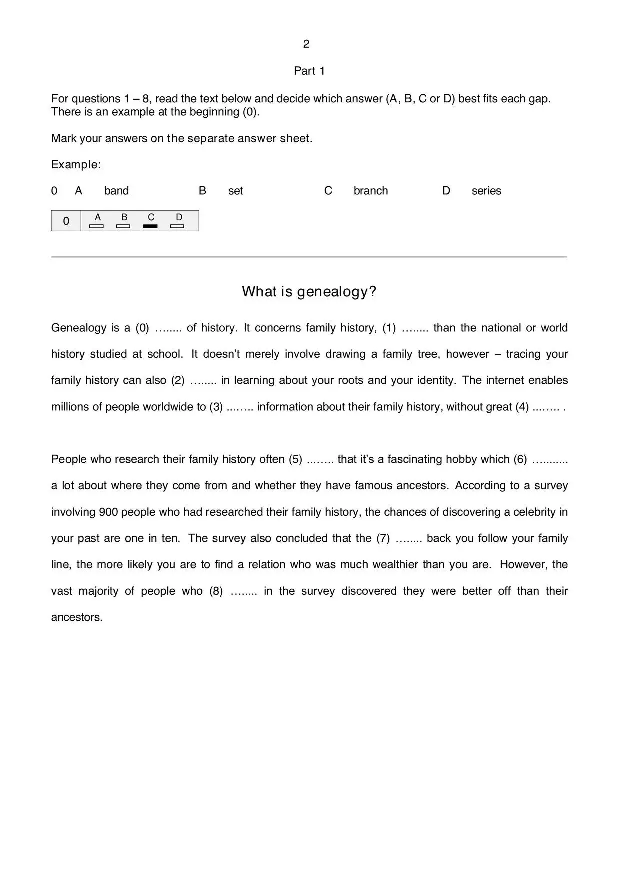 Page 1 of B2 First Reading and Use of English Part 1: the text What is genealogy? with gaps 1 to 8