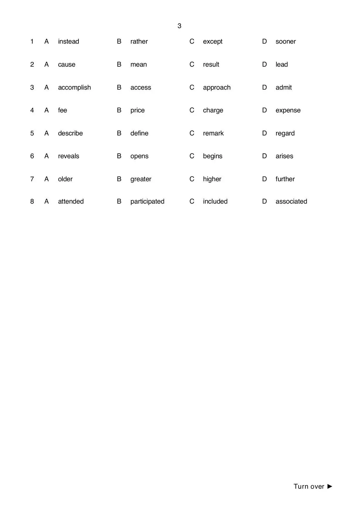 Page 2 of B2 First Reading and Use of English Part 1: the four options for each gap