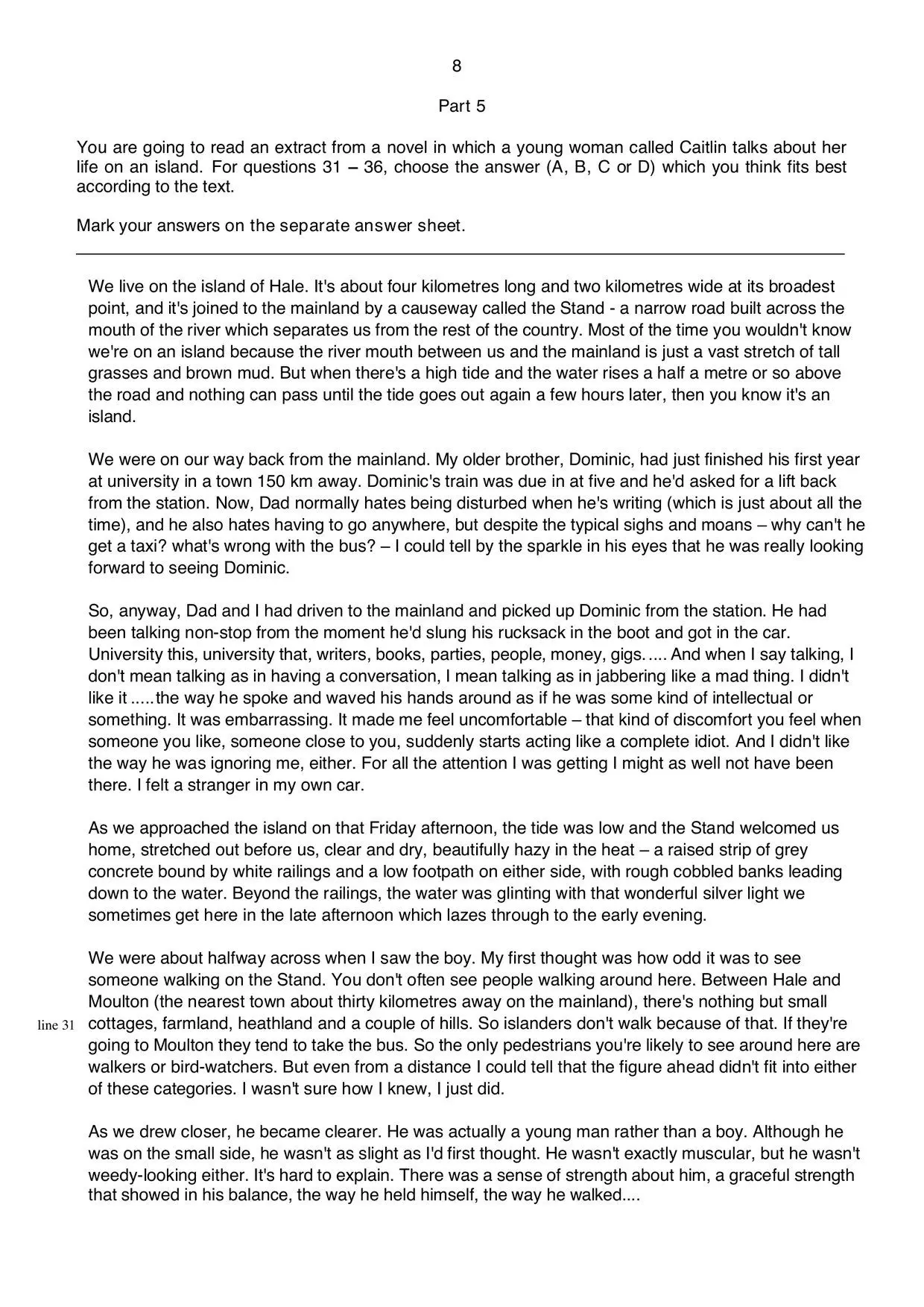 Page 1 of B2 First Reading Part 5: the text about Caitlin and the island of Hale