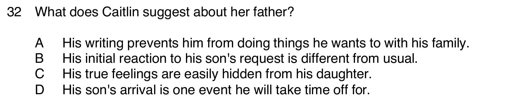 Pregunta 32 del Reading B2 Part 5: qué sugiere Caitlin sobre su padre