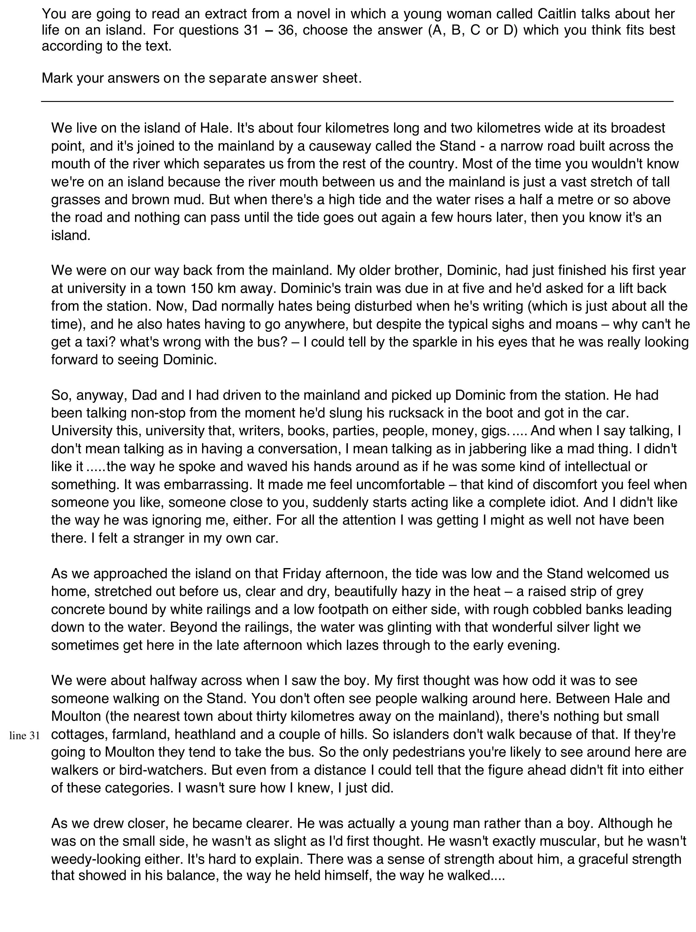Texto de la Parte 5 del Reading del B2 First: extracto de una novela sobre Caitlin y la isla de Hale