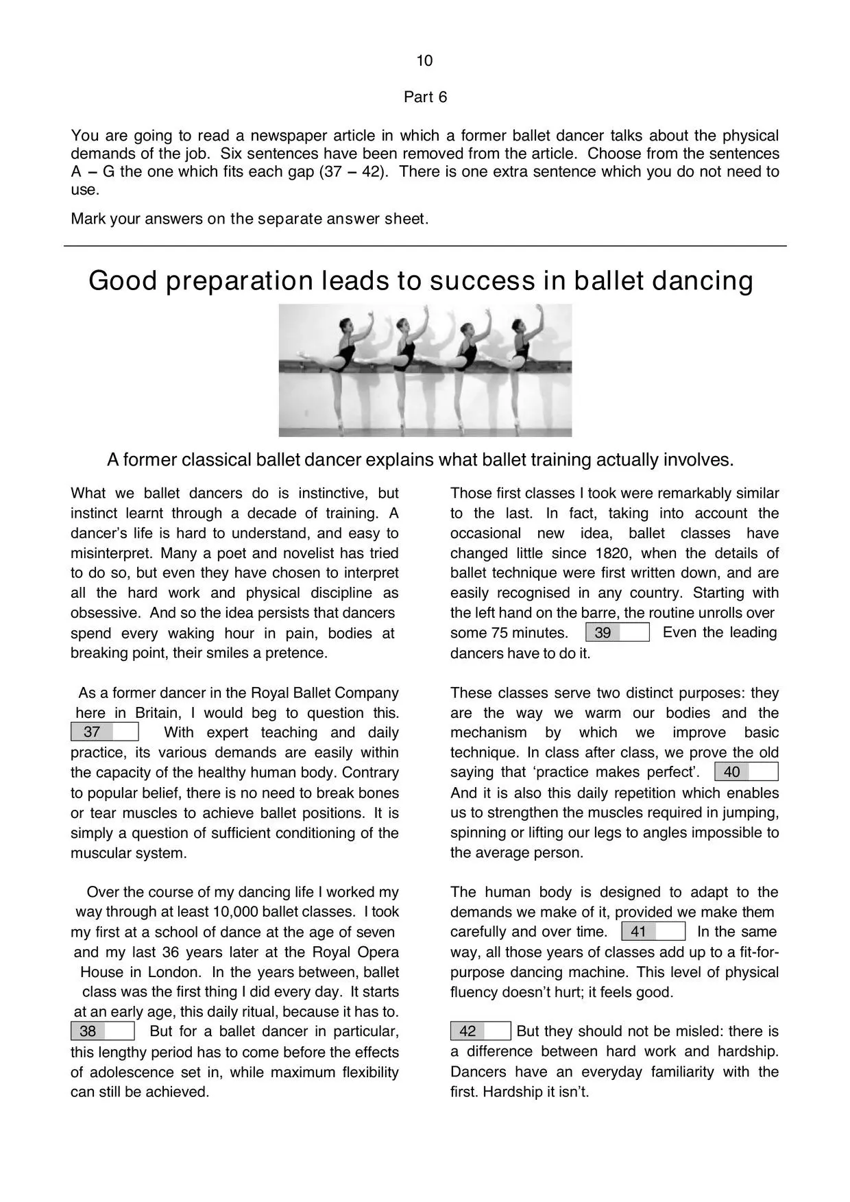 Page 1 of B2 First Reading Part 6: the ballet article with gaps 37 to 42
