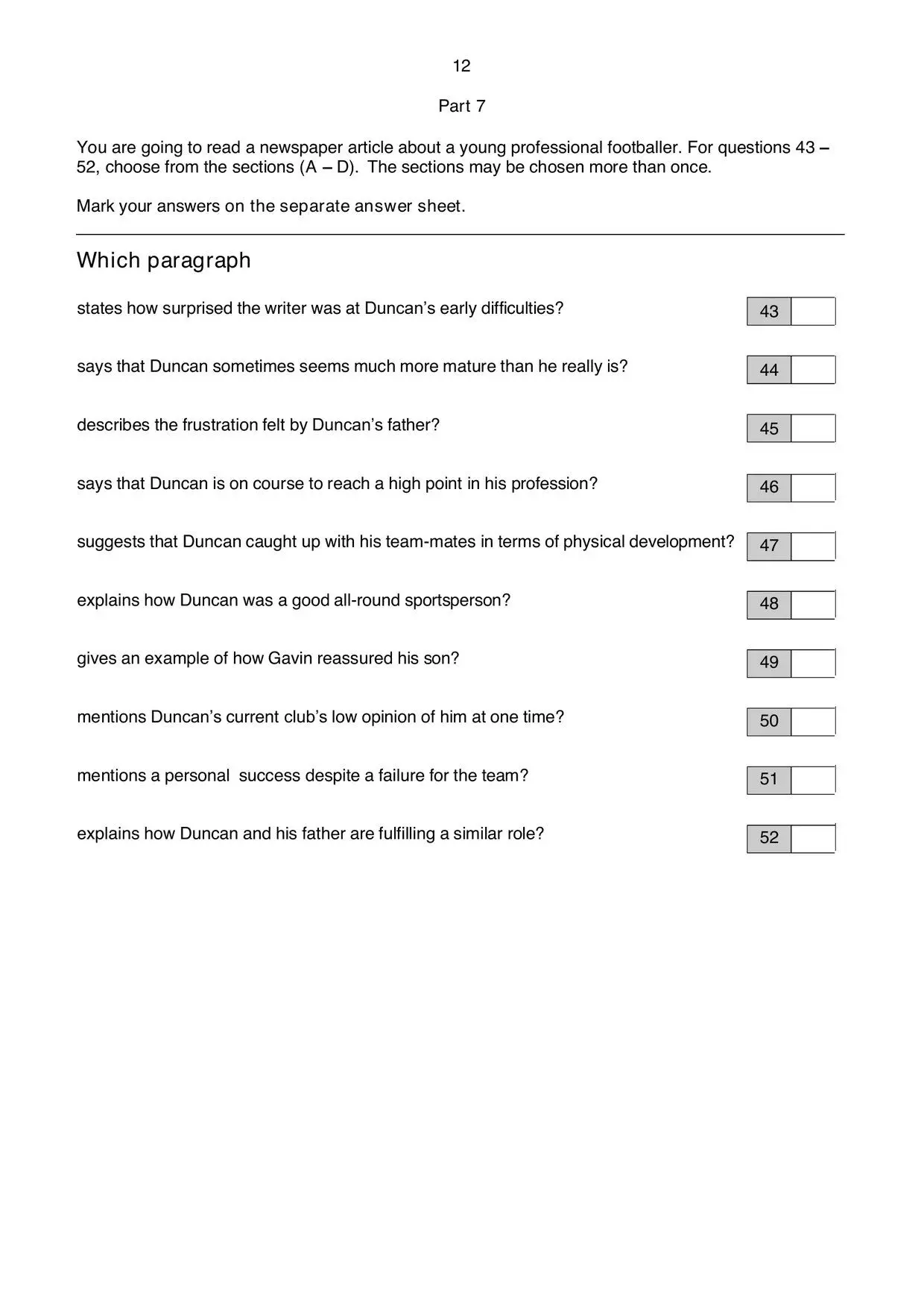 Page 1 of B2 First Reading Part 7: questions 43 to 52
