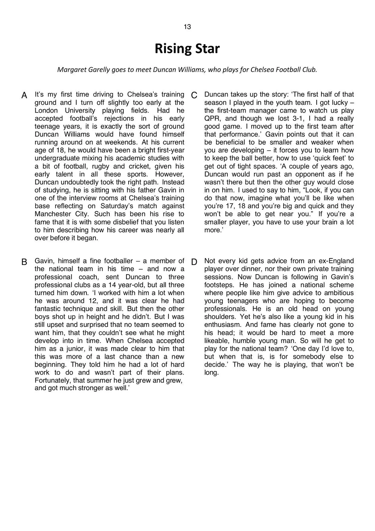 Page 2 of B2 First Reading Part 7: the text Rising Star divided into sections A to D