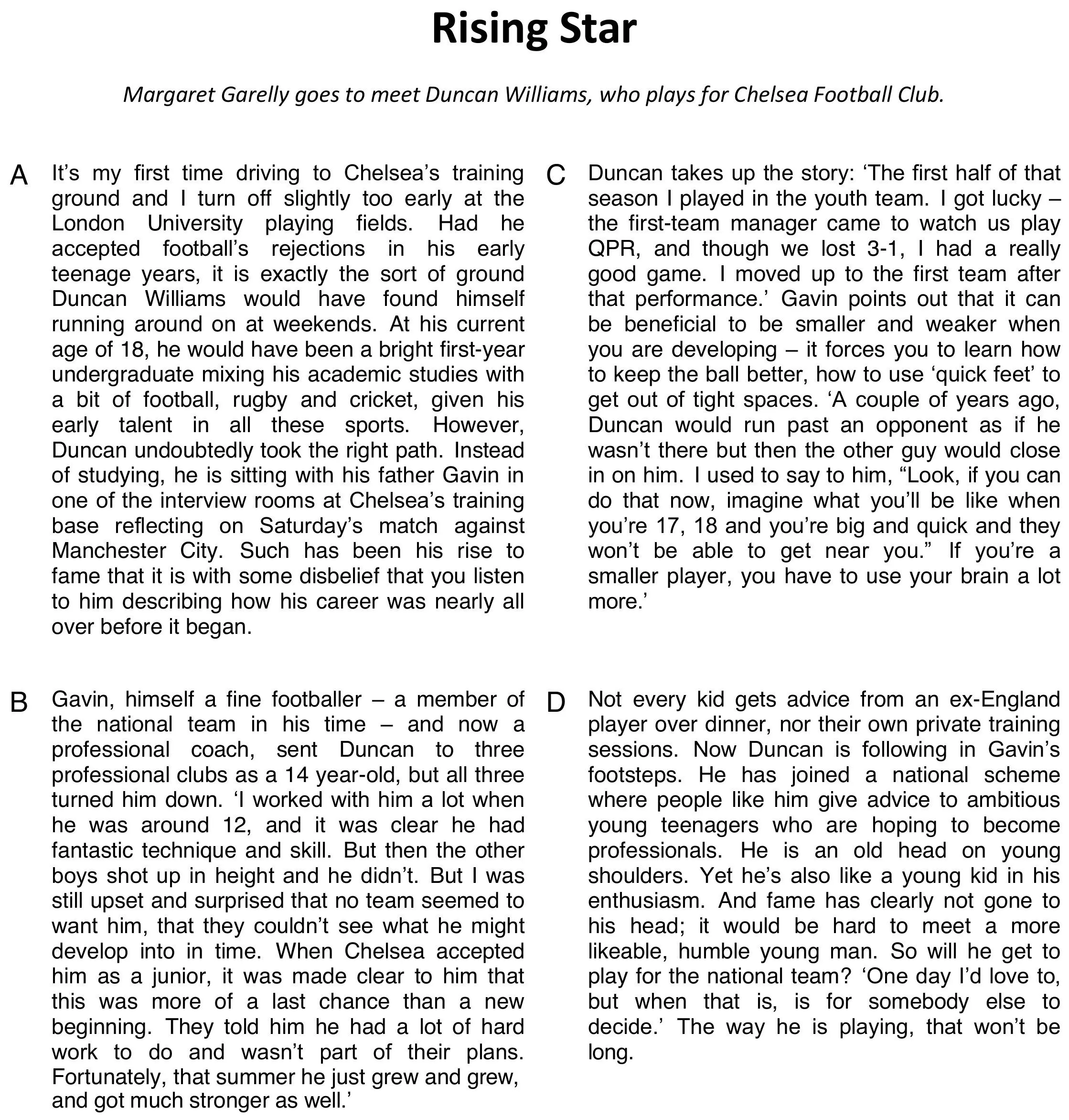Texto de la Parte 7 del Reading del B2 First: Rising Star, artículo sobre el futbolista Duncan Williams dividido en las secciones A a D