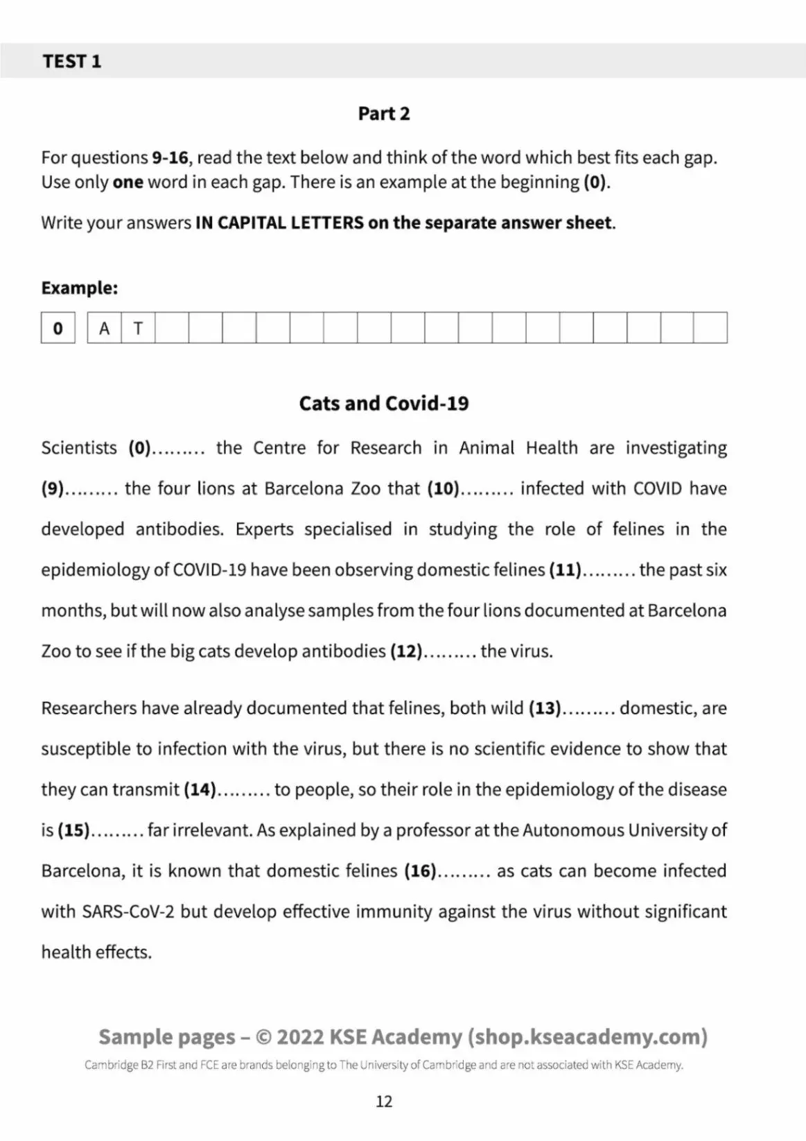 Example of B2 Use of English Part 2 from the book Use of English B2: 10 Use of English Tests for B2 First (FCE)