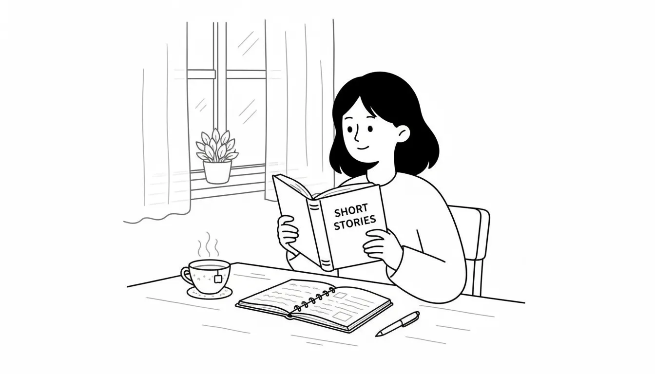 Una mujer joven leyendo una historia corta en inglés en un escritorio acogedor con un cuaderno y una taza de té a su lado