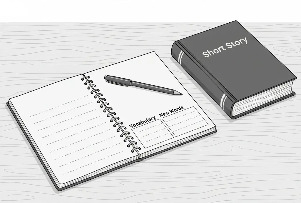 Cuaderno abierto junto a un libro de historias cortas en inglés, con notas de vocabulario y un bolígrafo sobre una mesa de madera