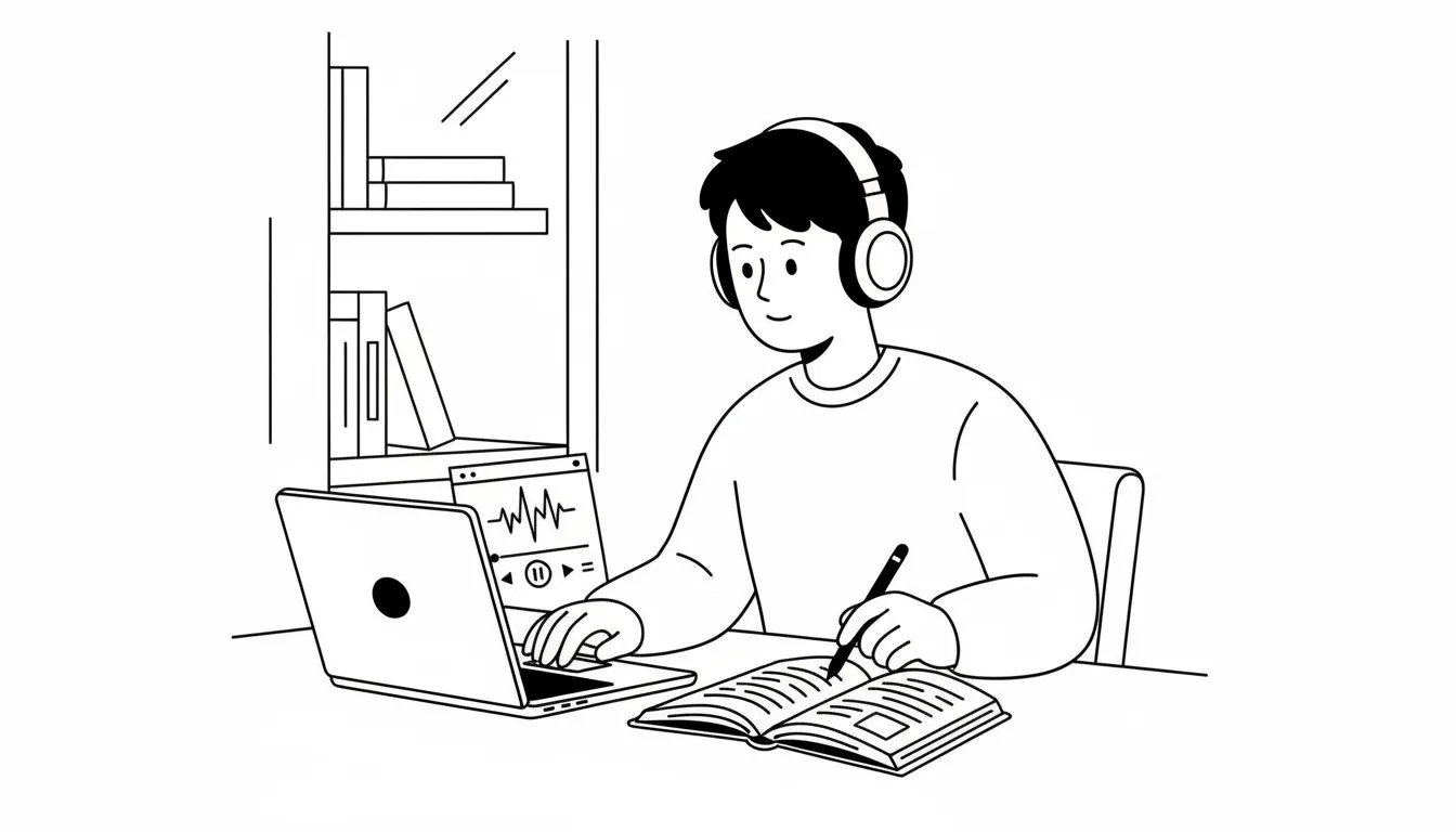 Una persona estudiando inglés con un libro de historias cortas, con auriculares puestos, escuchando audio en un ordenador portátil en casa