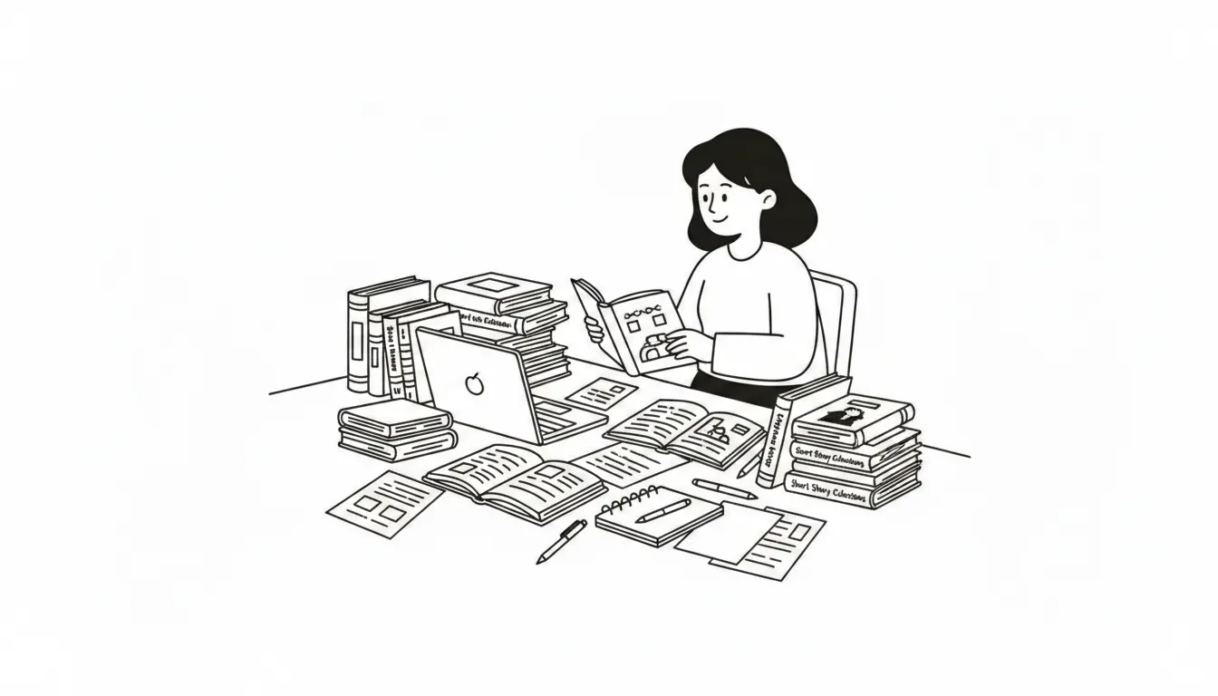 Una estudiante preparándose para un examen de inglés de Cambridge, rodeada de libros y colecciones de historias cortas en un escritorio de estudio