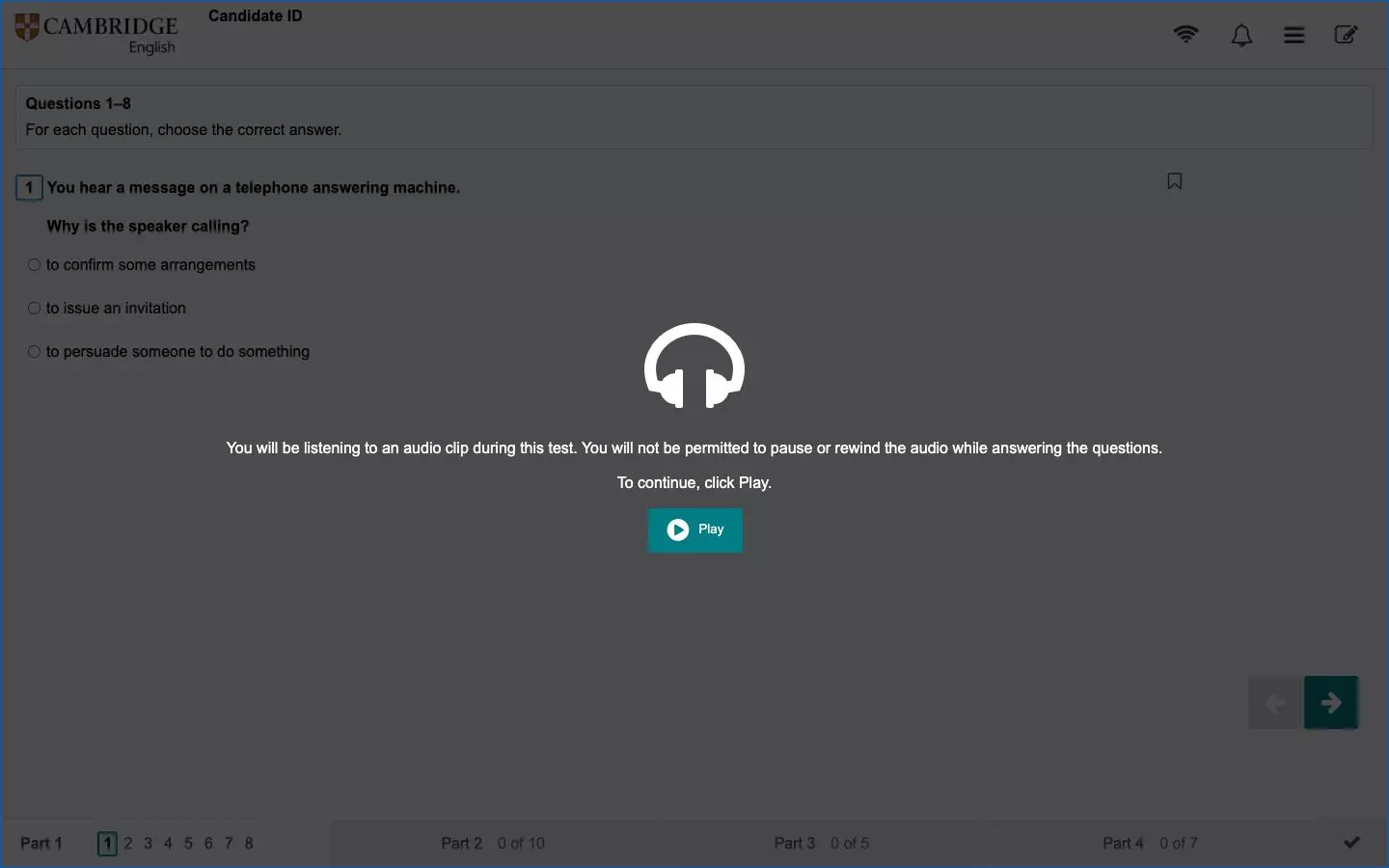 Start screen of the B2 First digital Listening, warning that the audio cannot be paused