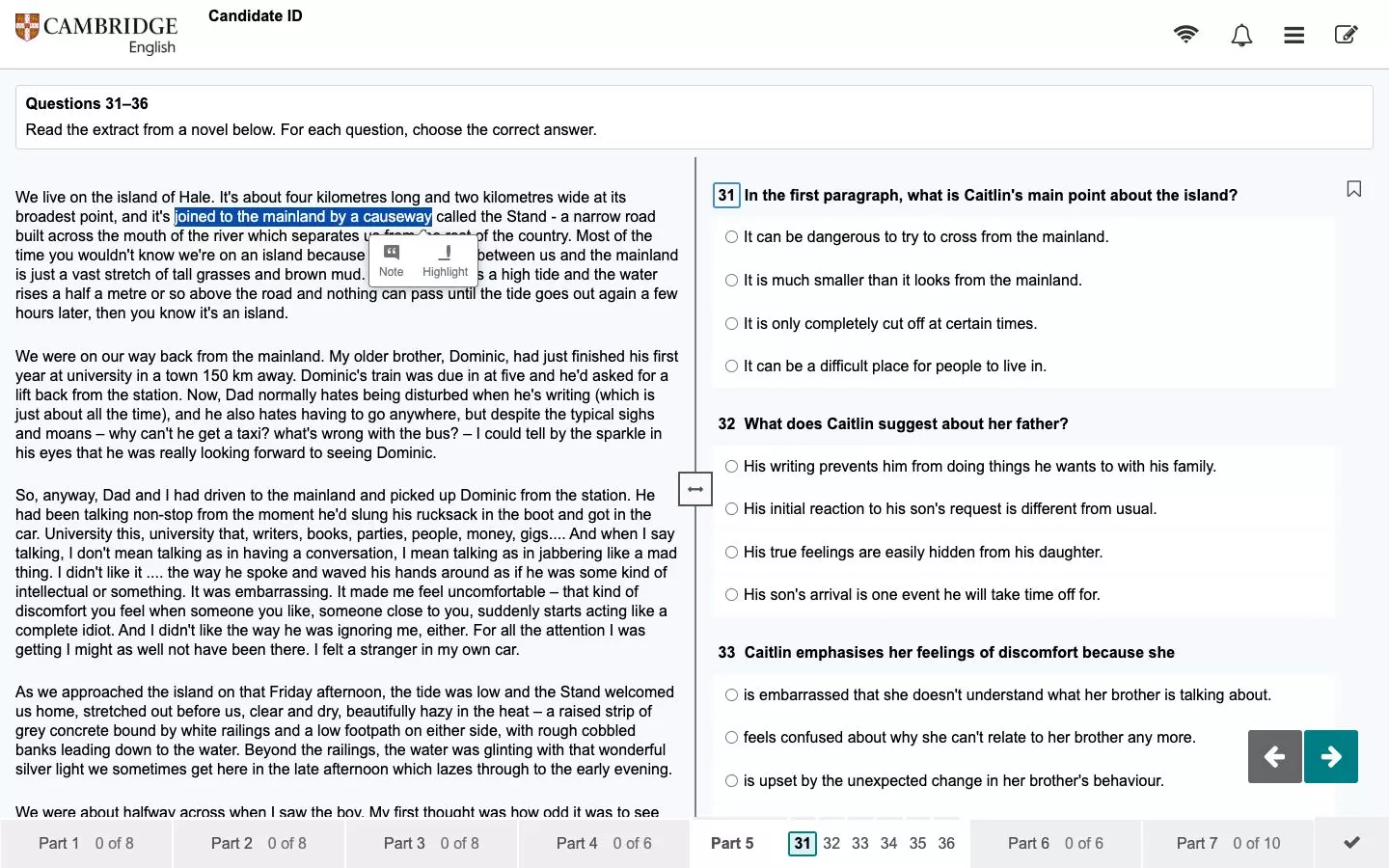 Right-click menu to highlight and make notes in B2 First Reading Part 5 digital