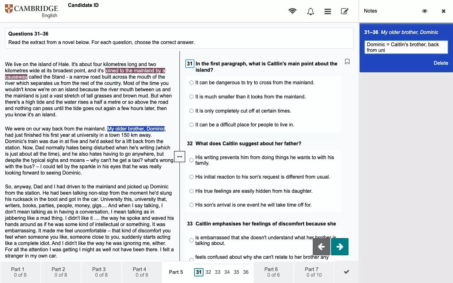 Highlighted text and notes panel in B2 First Reading Part 5 digital