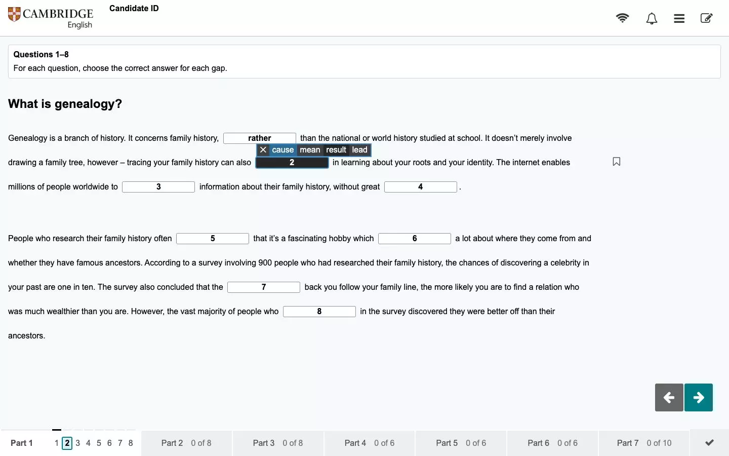 B2 First Use of English Part 1 in digital format, with the options for one gap displayed