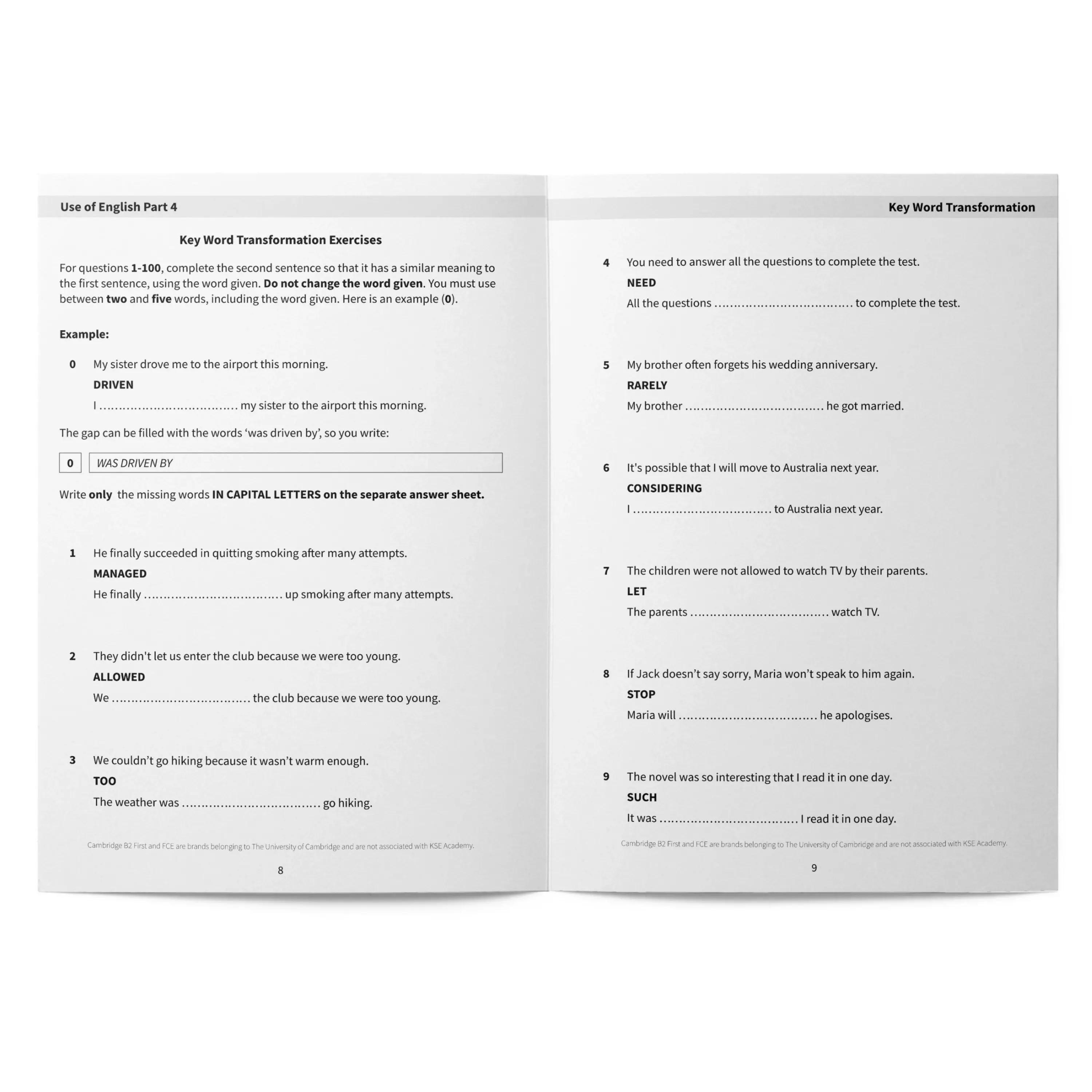 Páginas interiores del libro Use of English B2 Part 4: 100 Key Word Transformation Sentences